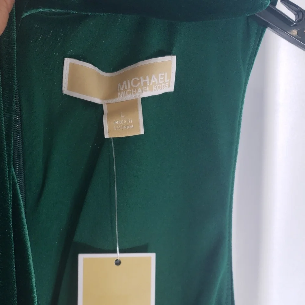 Michael Kors Green Stretch Velvet‎ Sleeveless Twist Neck Midi Dress SZ L - NWT